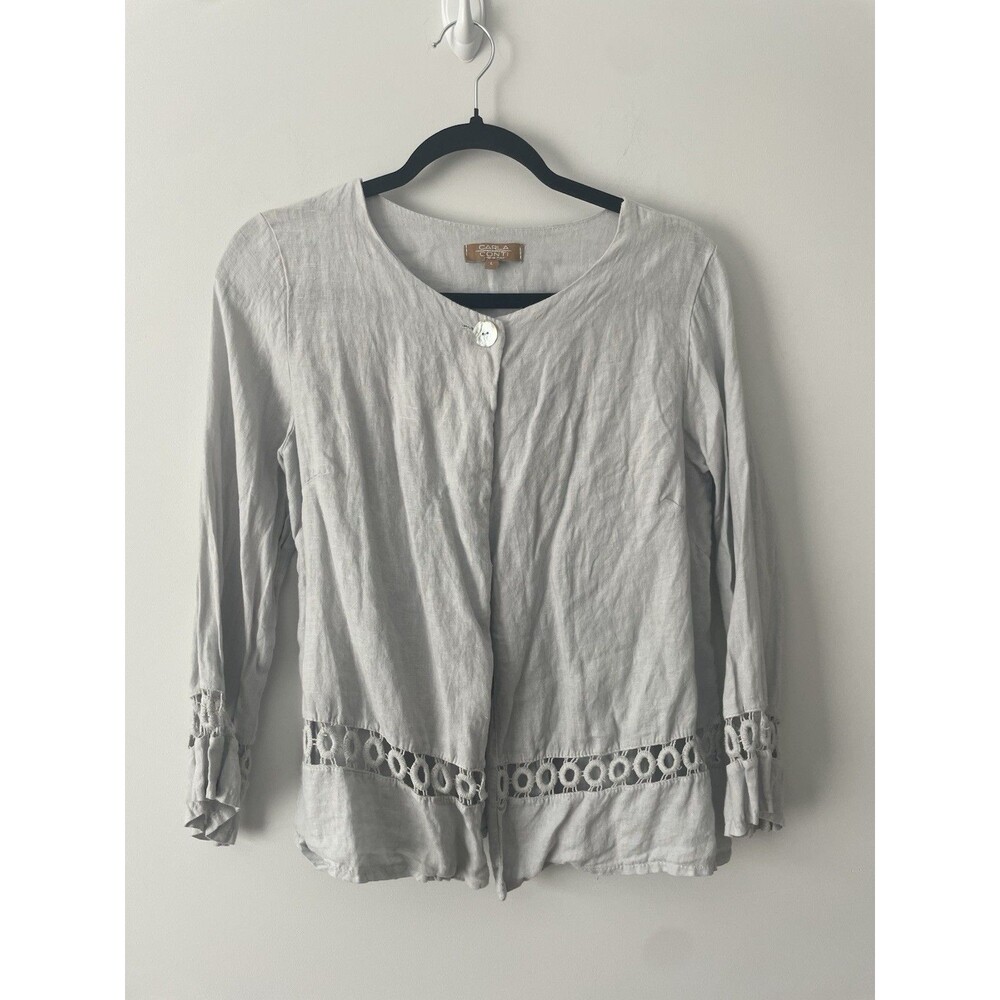 CARLA CONTI ITALY 100% LINEN Tunic TOP w 3/4 SLEEVES ROUND NECK Sz L OPEN FRONT